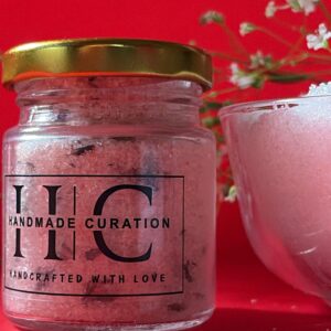 100gm Handmade Curation pink bath salt in glass jar with gold lid, luxury aromatherapy bath soak for relaxation and self-care