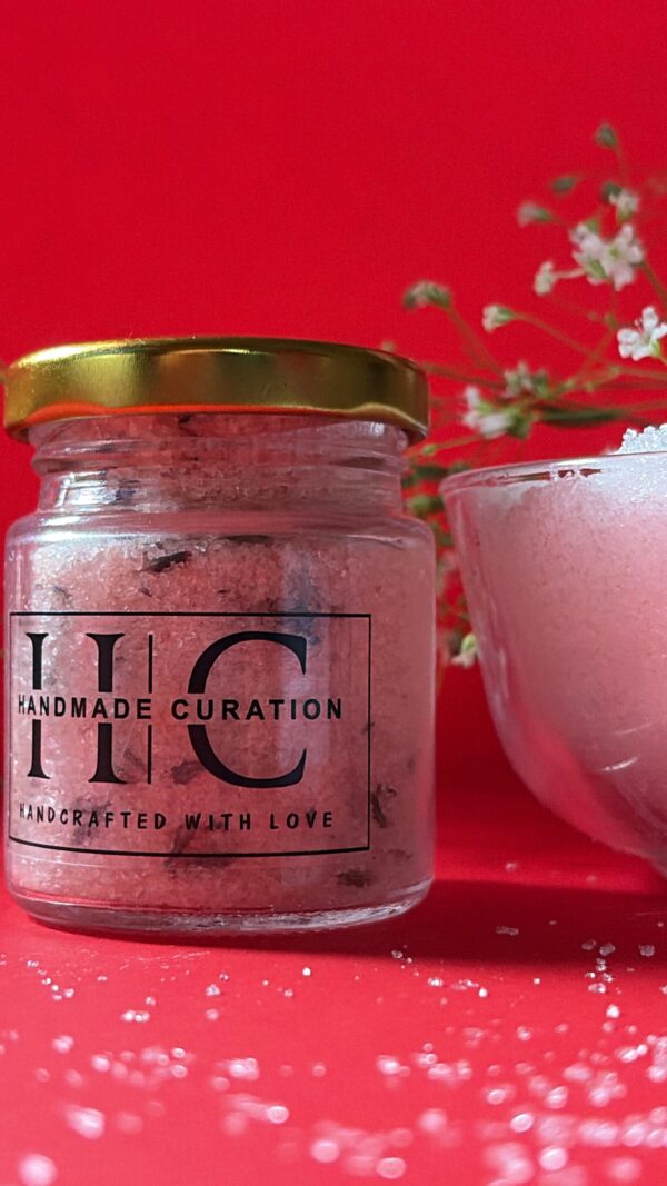 100gm Handmade Curation pink bath salt in glass jar with gold lid, luxury aromatherapy bath soak for relaxation and self-care